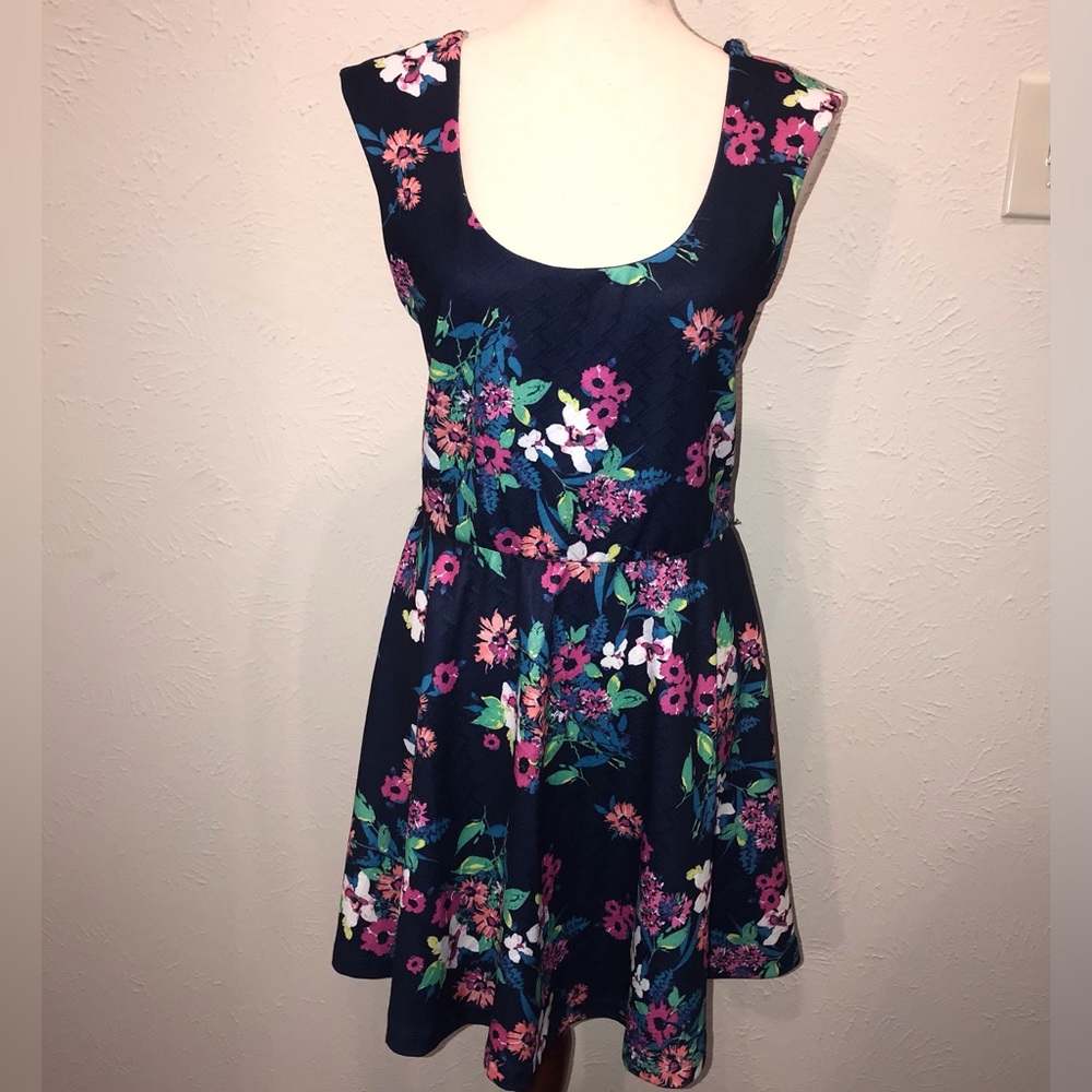 Candies navy blue floral sleeveless fit and flare dress. Size L
